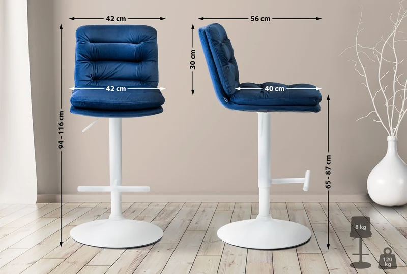 Lot de 2 tabourets de bar avec repose-pieds et dossier assise rembourré en velours bleu et métal blanc 10_0006750