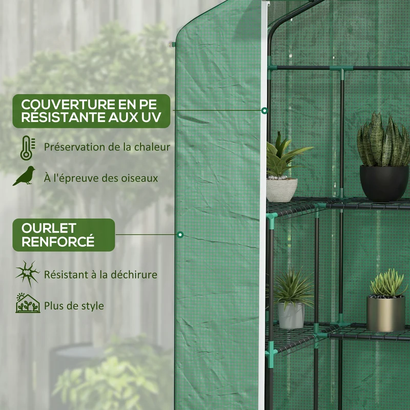Serre de jardin stable pour tomates 140 x 73 x 190 cm porte enroulable et étagères moderne design en polyéthylène vert 21_0004386