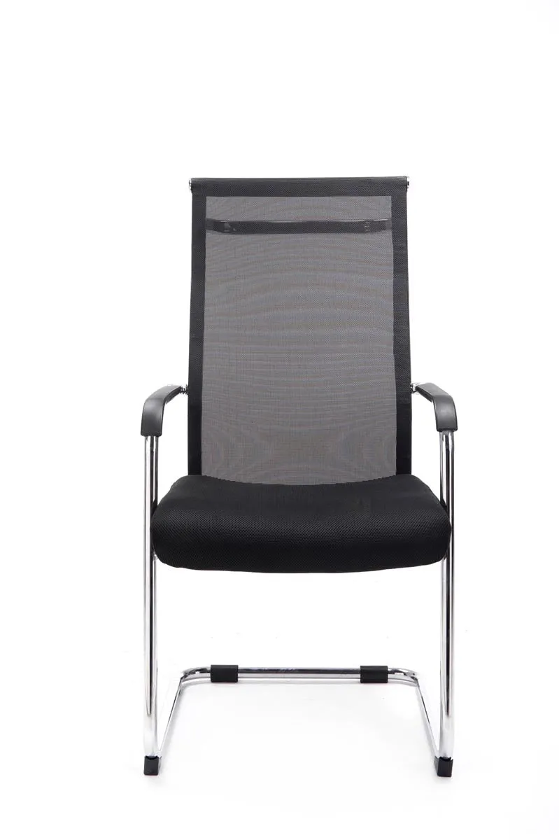 Chaise de bureau fauteuil visiteur sans roulettes dossier haut en tissu maille noir et métal chromé 10_0003318