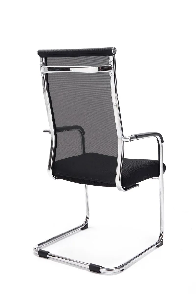 Chaise de bureau fauteuil visiteur sans roulettes dossier haut en tissu maille noir et métal chromé 10_0003318