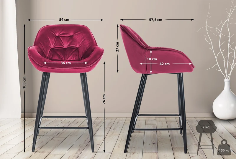 Tabouret de bar chaise haute x1 assise effet capitonnée en velours bordeaux et métal noir 10_0004887