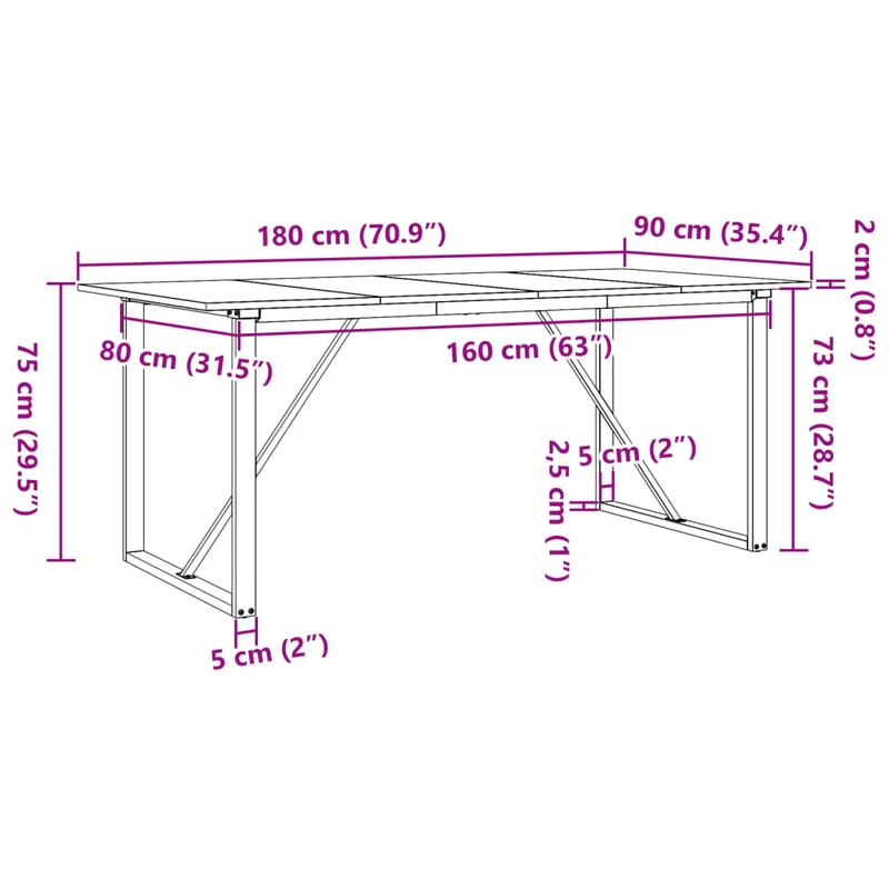 Table de salle à manger design industriel 180 x 90 x 75 cm bois de pin massif et acier DEC036786