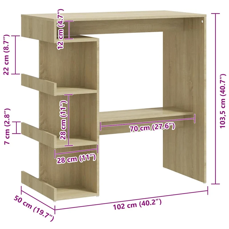 Table d’appoint multifonction table de bar avec étagère de rangement en bois ingénierie couleur chêne DEC036512