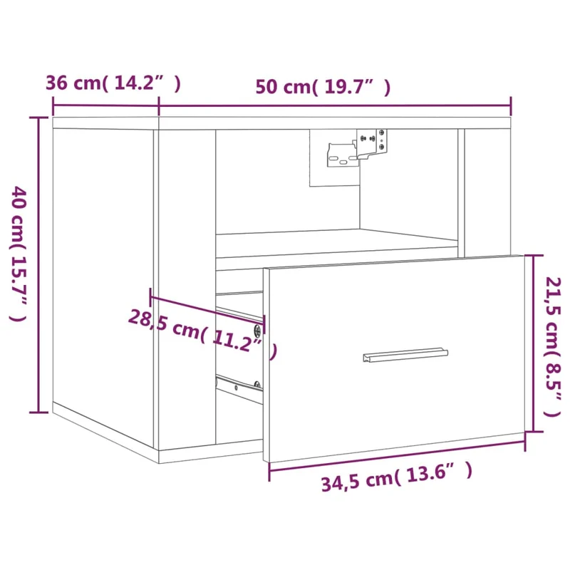 Table de chevet murale avec tiroir et compartiment ouvert 50 x 36 x 40 cm en bois d'ingénierie marron DEC034263