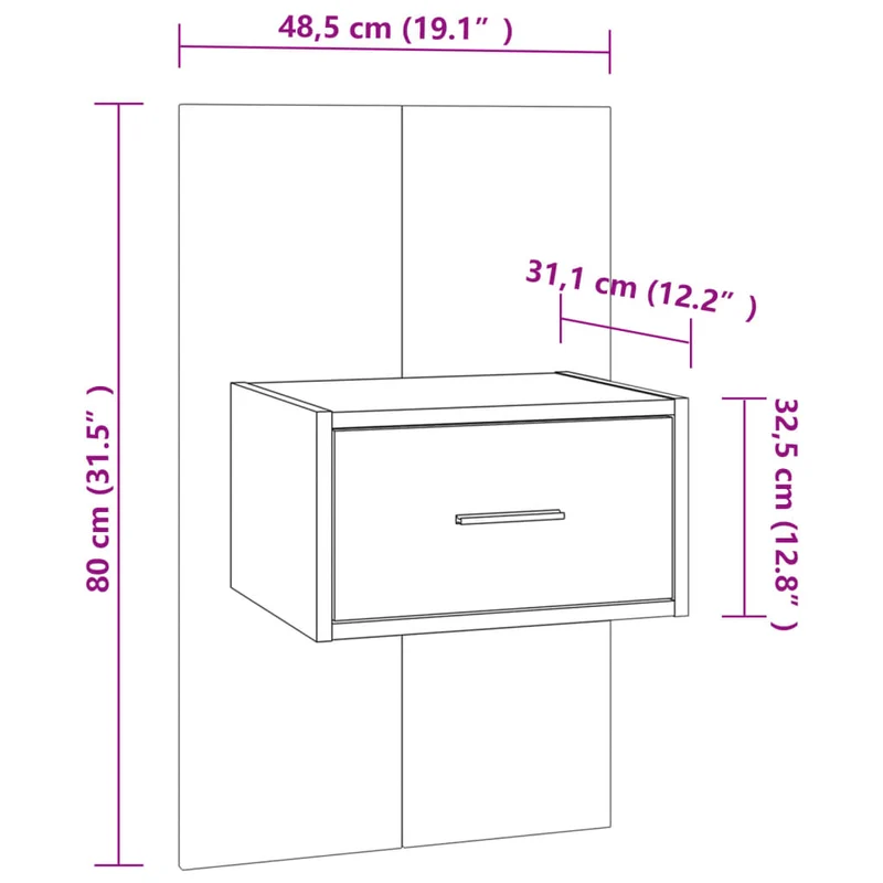 Table de chevet murale 48,5 x 32,5 x 80 cm en bois d'ingénierie marron DEC034249