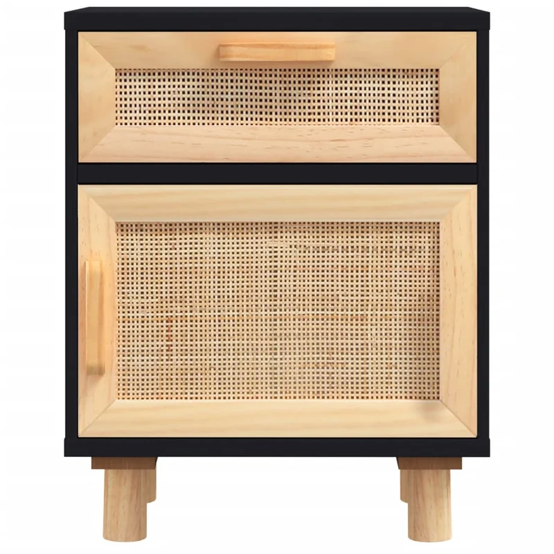 Table de chevet avec tiroir et compartiment avec porte en bois de pin noir et rotin naturel DEC034527