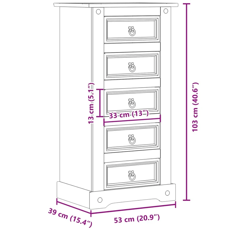 Table de chevet avec 5 tiroirs 53 x 39 x 103 cm bois de pin massif DEC033905