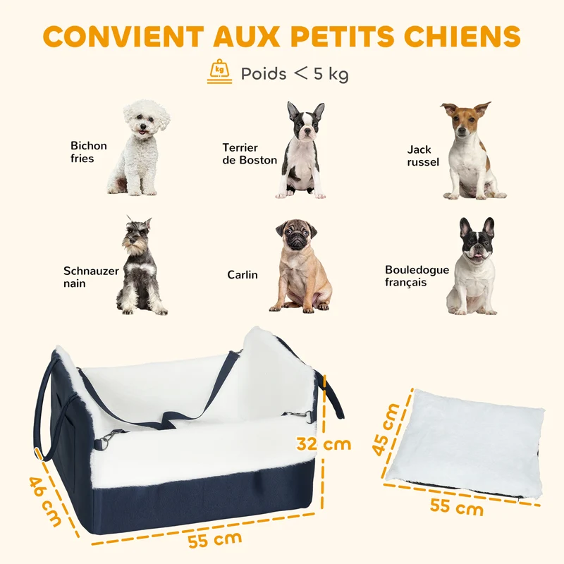 Siège auto pour chien 55 x 46 x 32 cm antidérapant housse lavable pour chiens jusqu'à 5 kg tendance en coton bleu marine 21_0007262