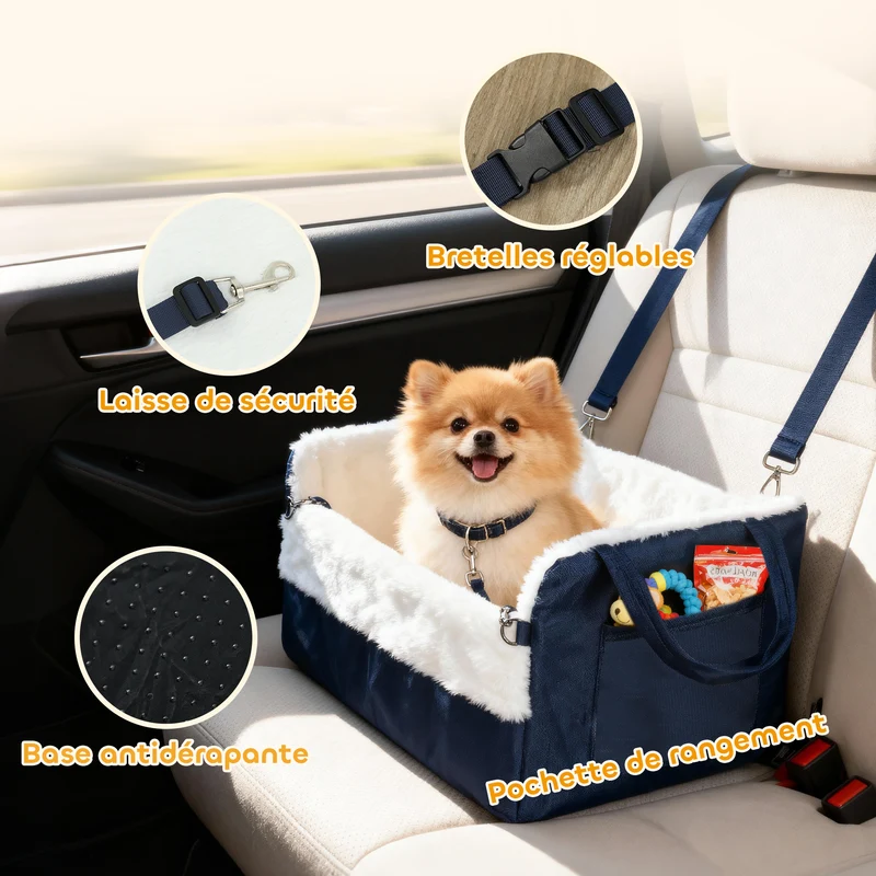 Siège auto pour chien 55 x 46 x 32 cm antidérapant housse lavable pour chiens jusqu'à 5 kg tendance en coton bleu marine 21_0007262