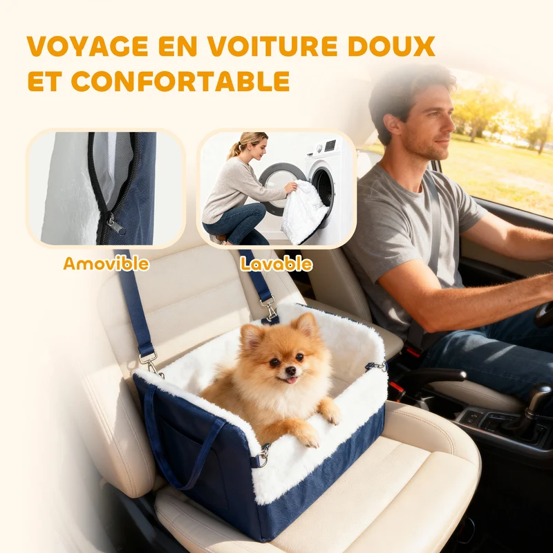 Siège auto pour chien 55 x 46 x 32 cm antidérapant housse lavable pour chiens jusqu'à 5 kg tendance en coton bleu marine 21_0007262