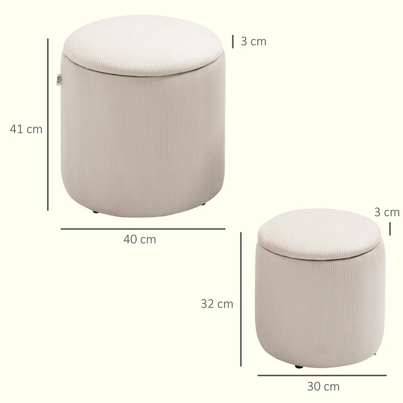 Lot de 2 poufs coffre emboîtables 40 x 40 x 41 cm et 30 x 30 x 32 cm gain de place pratique moderne en polyester crème 21_0002878