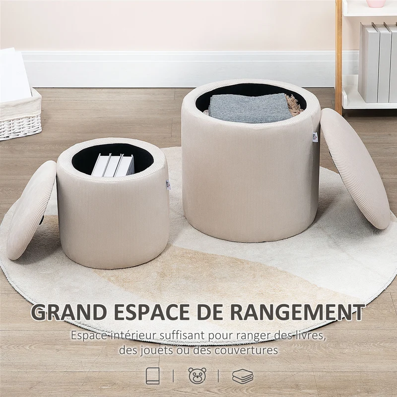 Lot de 2 poufs coffre emboîtables 40 x 40 x 41 cm et 30 x 30 x 32 cm gain de place pratique moderne en polyester crème 21_0002878
