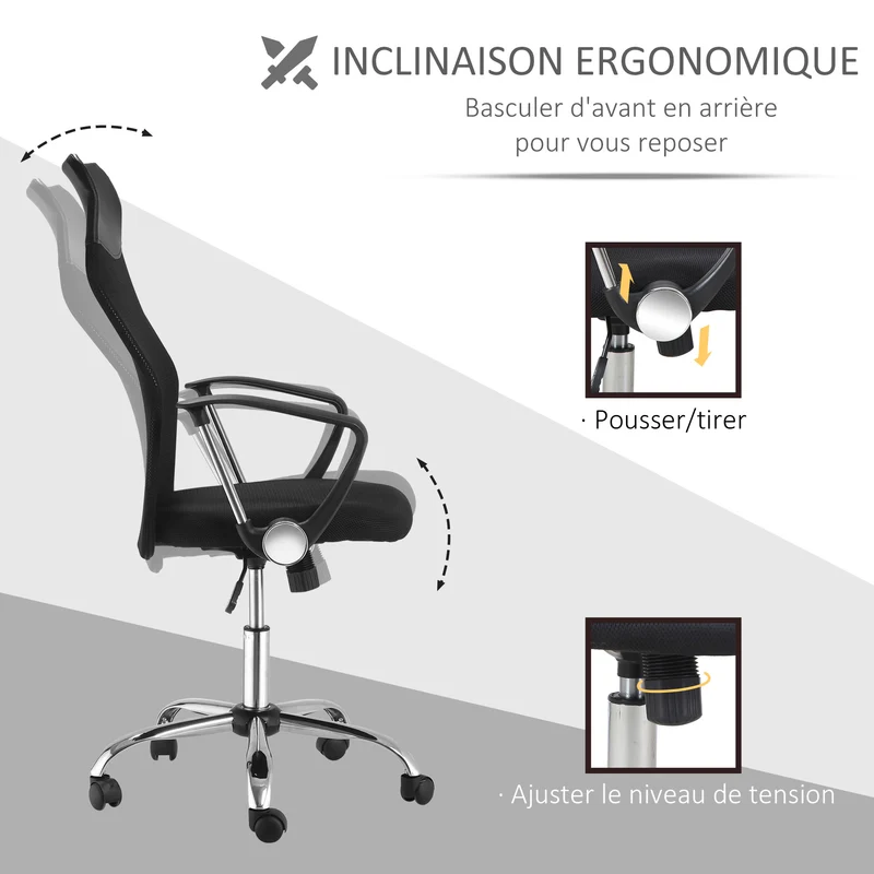 Lot de 2 fauteuils de bureau manager dossier ergonomique 63 x 65 x 109-119 cm pivotant 360° contemporain en maille noir 21_0006351