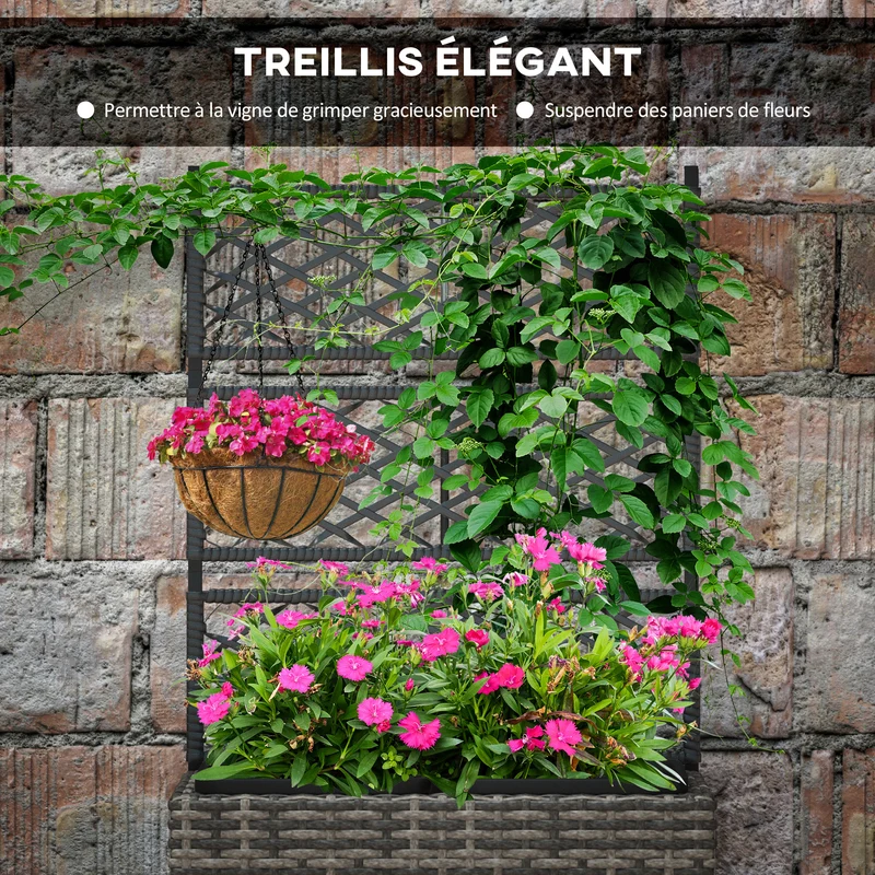 Jardinière rectangulaire balcon 57 x 30 x 107 cm treillis pour grimpantes 2 bacs contemporain en résine tressée gris 21_0006065