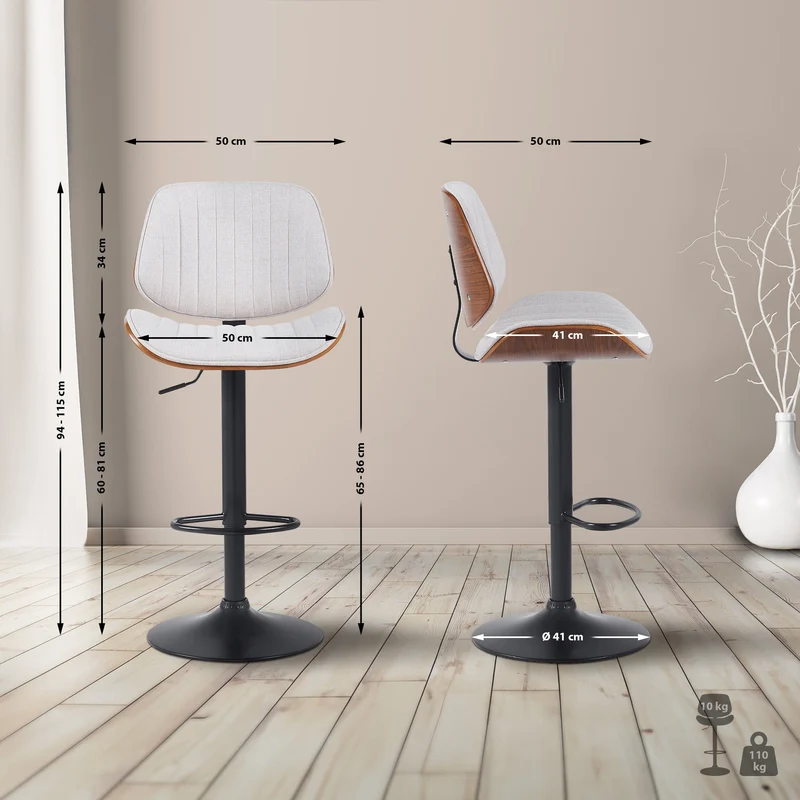 Lot de 2 tabourets de bar style rétro moderne assise en tissu crème bois noyer et cadre métal noir 10_0006618