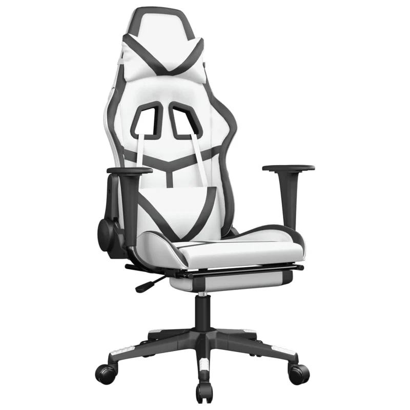 Fauteuil de bureau chaise gaming sur roulettes avec repose-pieds PVC noir et blanc DEC025740