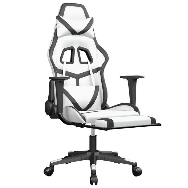 Fauteuil de bureau chaise gaming sur roulettes avec repose-pieds PVC noir et blanc DEC025740