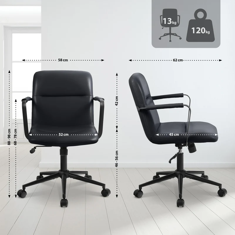 Chaise de bureau sur roulette avec accoudoirs design rétro en cuir véritable noir 10_0007002