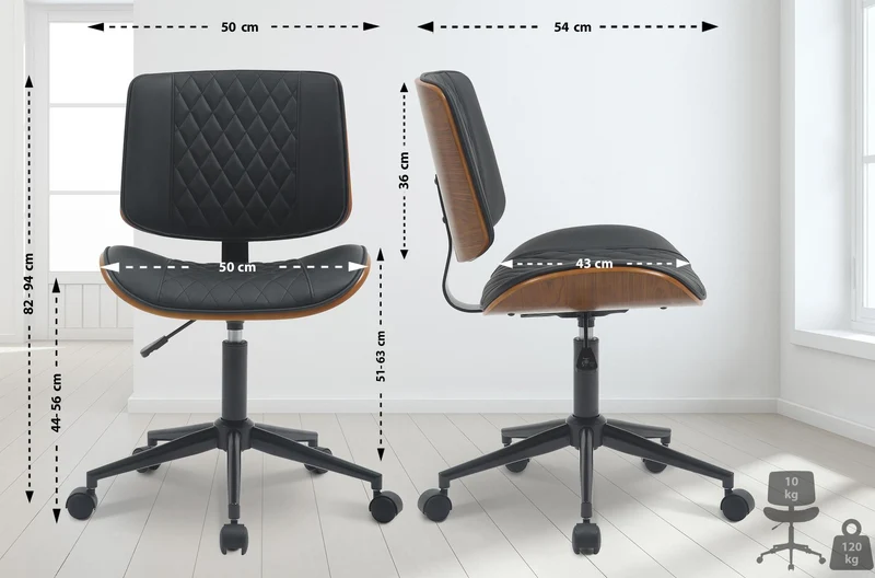 Fauteuil de bureau ergonomique réglable – Dossier matelassé à losanges PVC noir bois noyer 10_0006984