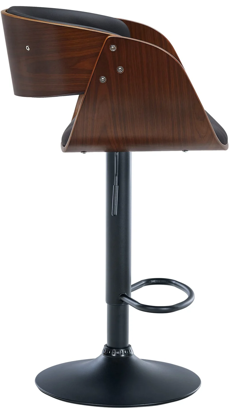Lot de 2 tabourets de bar pivotant style rétro moderne assise en bois courbé couleur noyer et PVC noir cadre métal noir 10_0006233
