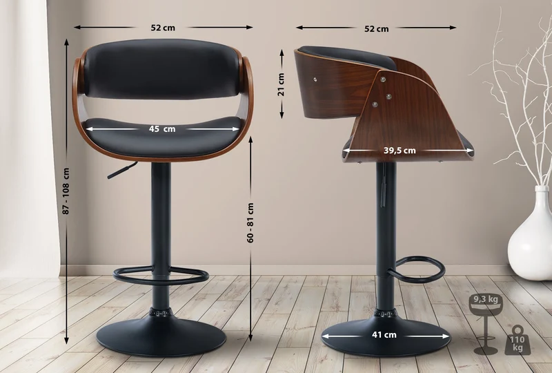 Tabouret de bar x1 pivotant style rétro moderne assise en bois courbé couleur noyer et PVC noir cadre métal noir 10_0005873