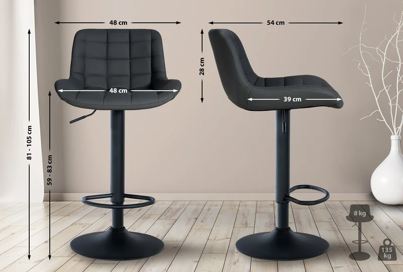 Tabouret de bar x1 en PVC noir avec surpiqûres décoratives carrées cadre métal noir avec repose-pieds 10_0005866