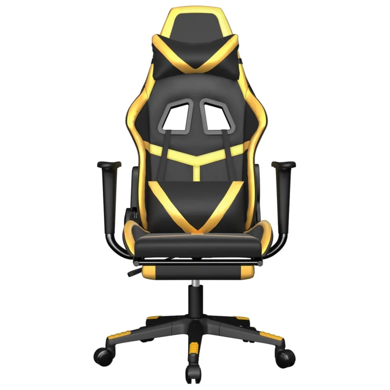 Fauteuil de bureau chaise gaming sur roulettes avec repose-pieds en PVC noir et doré DEC025774