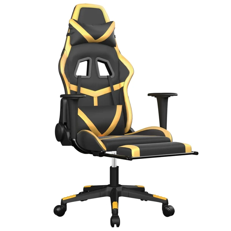 Fauteuil de bureau chaise gaming sur roulettes avec repose-pieds en PVC noir et doré DEC025774