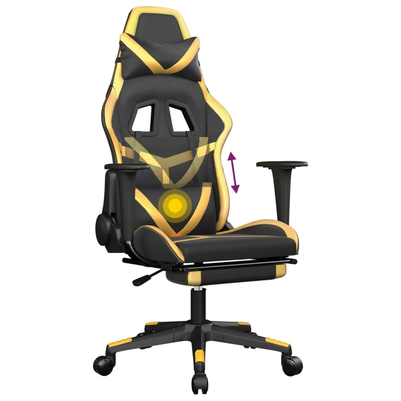 Fauteuil de bureau chaise gaming sur roulettes avec repose-pieds en PVC noir et doré DEC025774