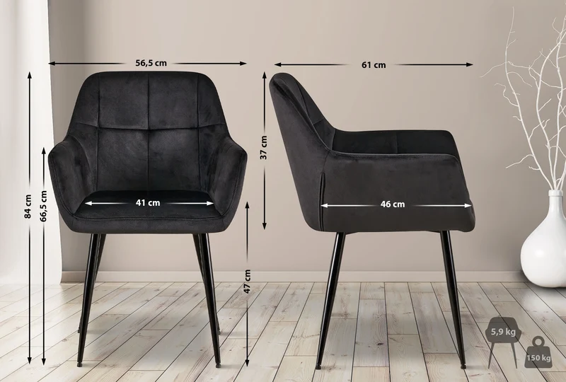 Chaise de salle à manger bureau coutures décoratives carrées en velours noir pieds en métal noir 10_0001898