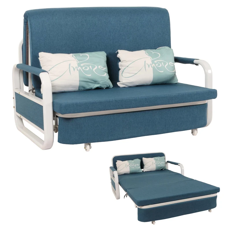 Canapé convertible avec coffre de rangement fonction lit surface 114x182 assise confortable avec accoudoirs et coussins tissu bleu foncé 04_0010097