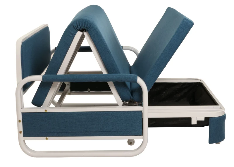 Canapé convertible avec coffre de rangement fonction lit surface 114x182 assise confortable avec accoudoirs et coussins tissu bleu foncé 04_0010097
