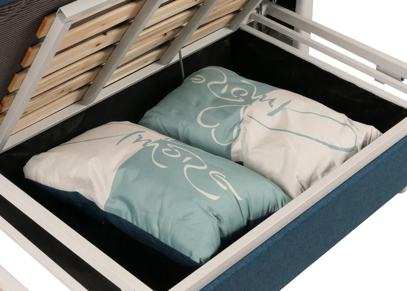 Canapé convertible avec coffre de rangement fonction lit surface 114x182 assise confortable avec accoudoirs et coussins tissu bleu foncé 04_0010097