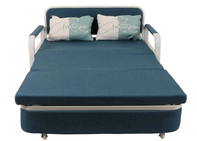 Canapé convertible avec coffre de rangement fonction lit surface 114x182 assise confortable avec accoudoirs et coussins tissu bleu foncé 04_0010097