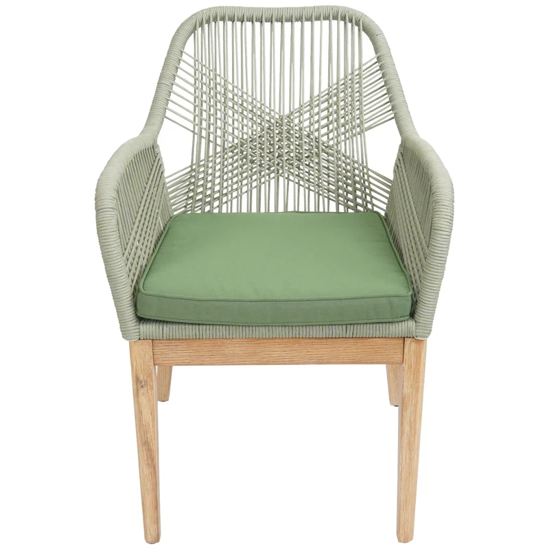Lot de 2 chaises de jardin moderne résistant aux intempériese en bois d’acacia dossier arrondi en corde tressée vert coussin vert 04_0009621