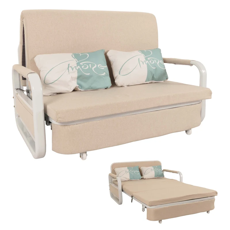 Canapé convertible avec coffre de rangement fonction lit compact accoudoirs coussins confort tissu beige 04_0010104