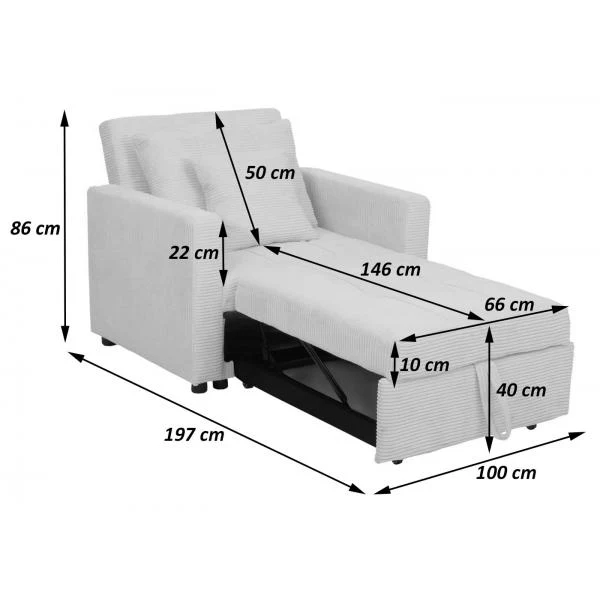 Fauteuil-lit lit d'appoint relaxation dossier réglable surface de couchage 197x100 cm tissu velours côtelé gris clair 04_0006253