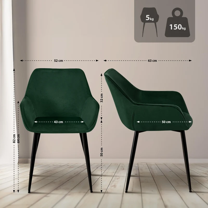 Lot de 2 chaises de salle à manger bureau salle d'attente en velours vert et métal noir 10_0007467