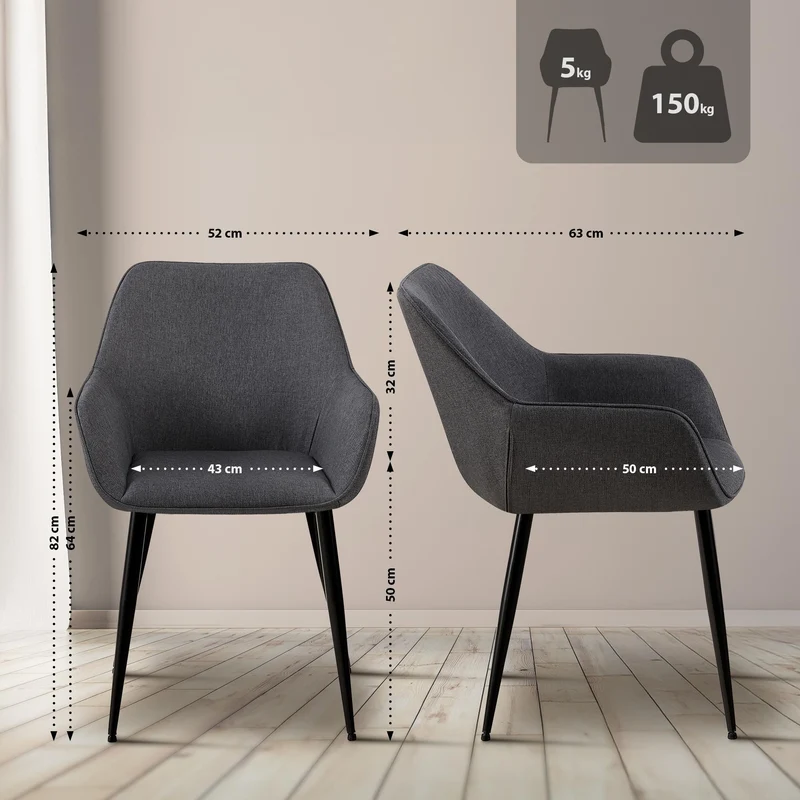 Lot de 2 chaises de salle à manger bureau salle d'attente en tissu gris foncé et métal noir 10_0007382