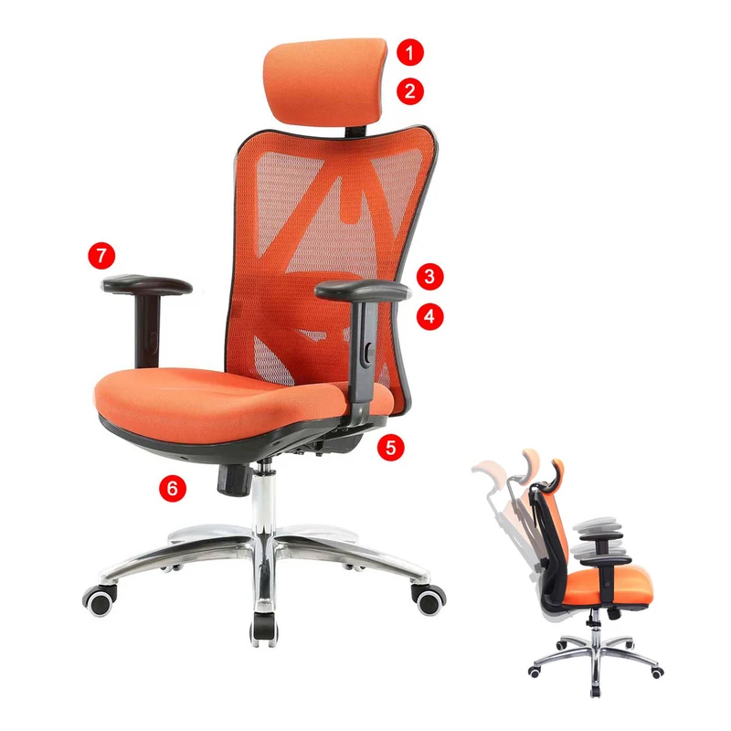 Chaise de bureau support lombaire ergonomique appui-tête réglable en maille orange 04_0006215