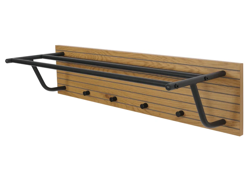 Porte-manteau mural style scandinave avec étagère 2 barres et 4 crochets bois métal 04_0009752