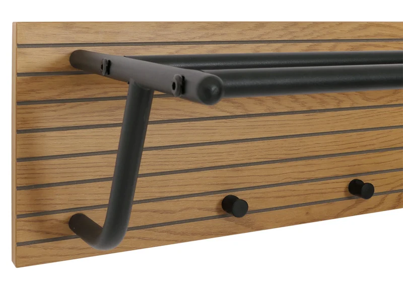 Porte-manteau mural style scandinave avec étagère 2 barres et 4 crochets bois métal 04_0009752