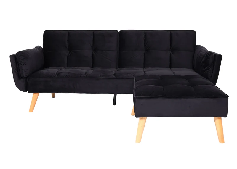 Canapé d’angle convertible velours noir avec méridienne modulable dossier réglable 3 positions 218x175 cm 04_0010442
