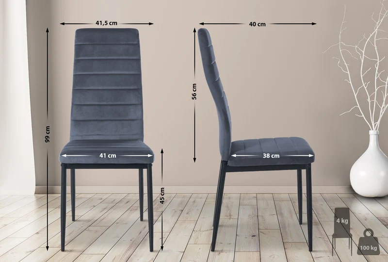 Lot de 4 chaises de salle à manger design simple en tissu velours avec couture gris clair cadre en métal noir CDS10404