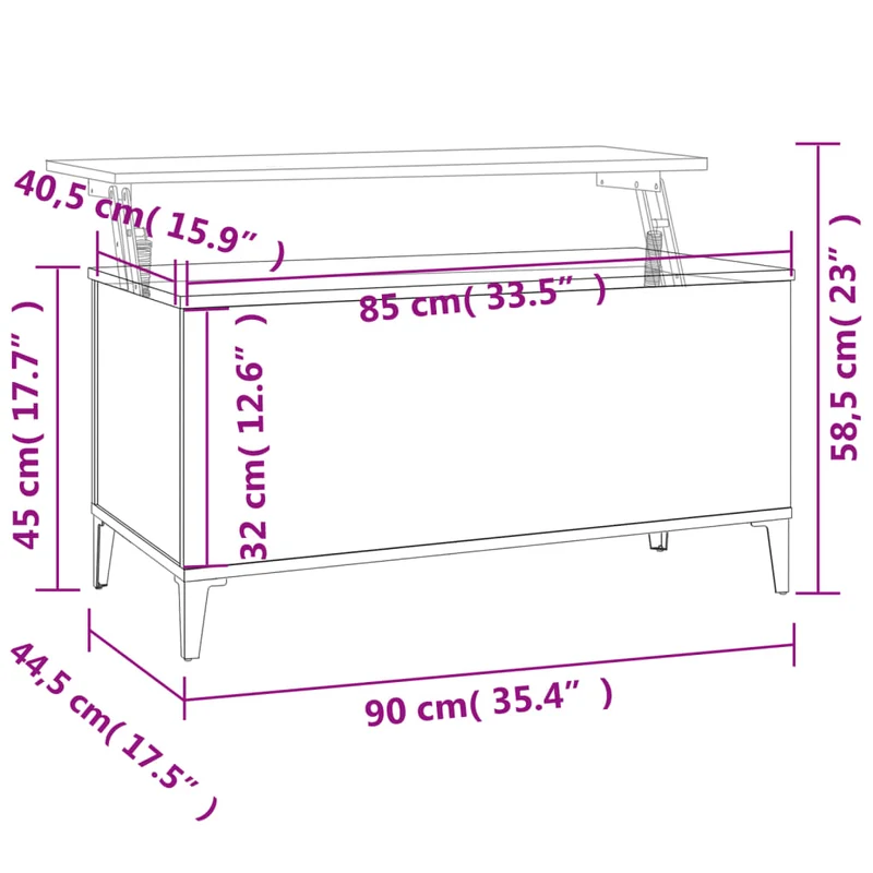 Table basse avec dessus relevable design moderne et contemporaine 90 x 44,5 x 45 cm bois d'ingénierie blanc brillant DEC038145