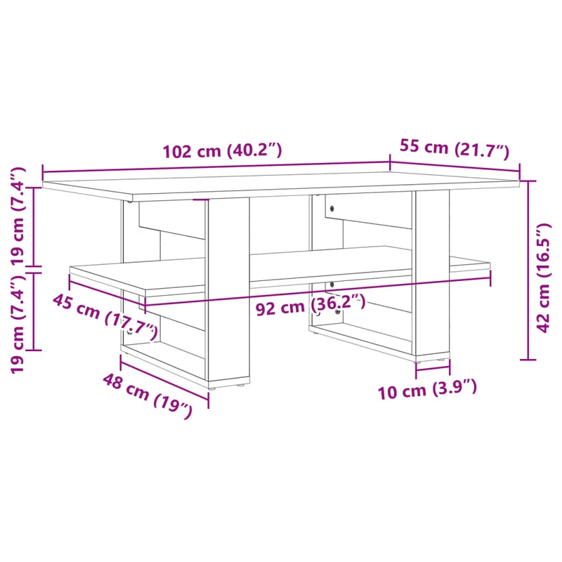 Table basse de salon avec étagère design moderne 102 x 55 x 42 cm bois d'ingénierie blanc DEC037830