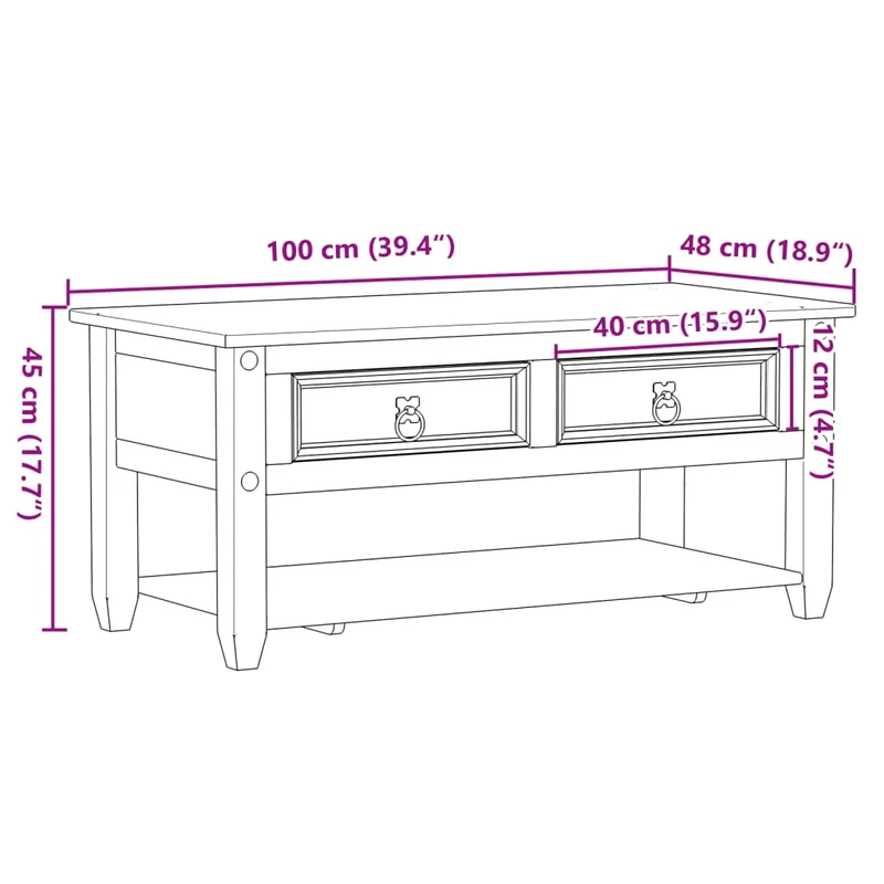 Table basse de salon design rustique avec tiroirs 100 x 48 x 45 cm bois de pin massif DEC037762