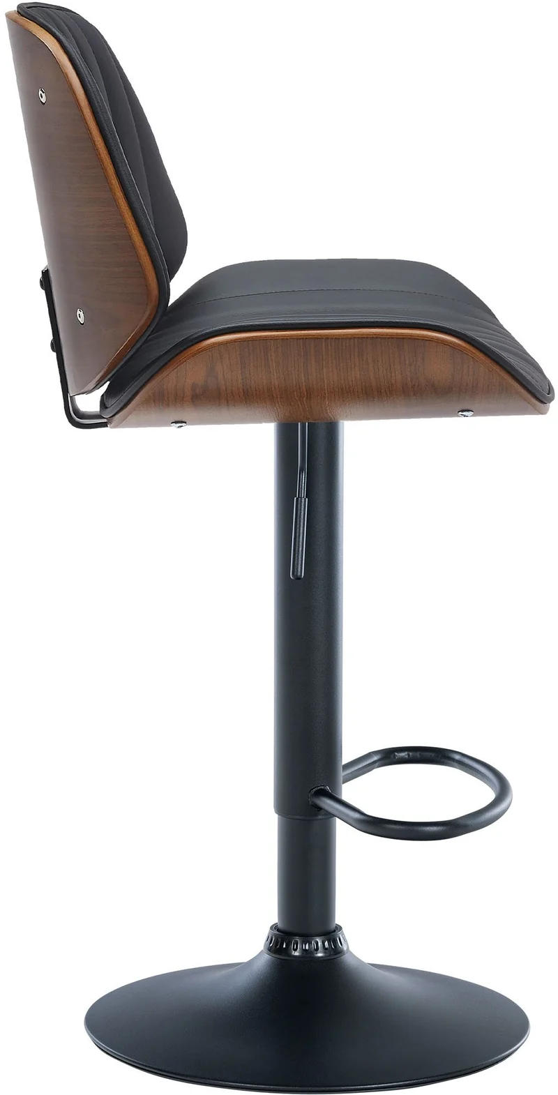 Tabouret de bar design moderne coutures verticales en bois noyer PVC noir et métal noir 10_0005296