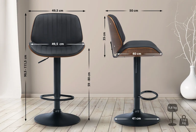 Lot de 2 tabourets de bar en similicuir noir avec surpiqûres cadre en bois foncé pieds en métal noir TDB10748