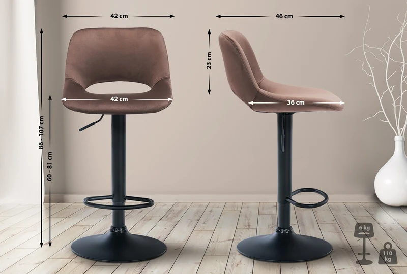 Tabourets de bar chaises haute x2 avec repose-pieds en velours marron piètement métallique noir 10_0004083